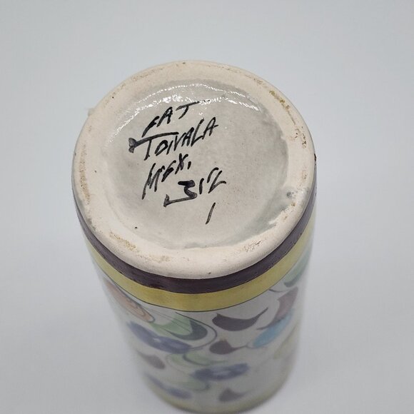 Tonala Cylinder Vase Butterflies Brown Yellow Signed 6.75" Tall VTG 1970s - Picture 3 of 10